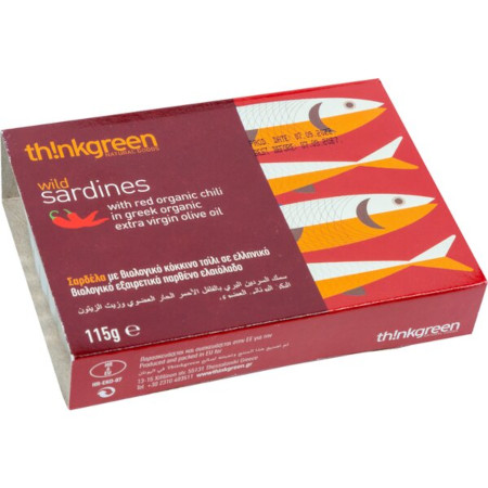 Dzikie sardynki w ekologicznej oliwie z oliwek extra virgin z chili 115 g thinkgreen