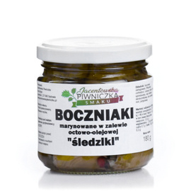 BOCZNIAKI MARYNOWANE W ZALEWIE OCTOWO-OLEJOWEJ "ŚLEDZIKI" 180g Jacentowska Piwniczka Smaku